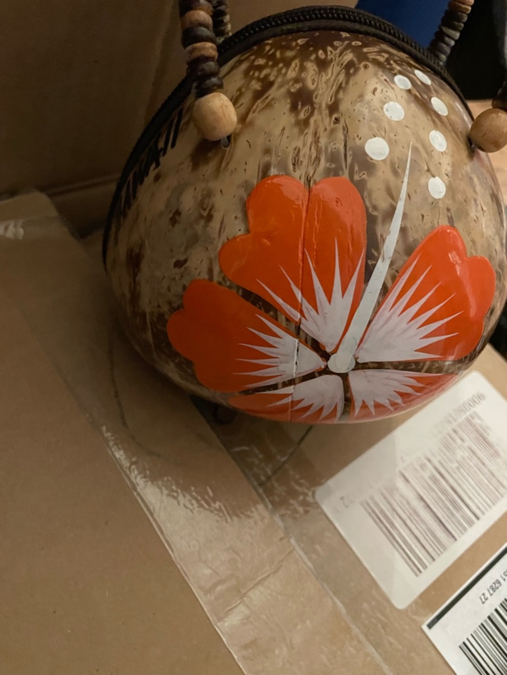 Hand-Painted Coconut Shell Bag with Orange Floral Design